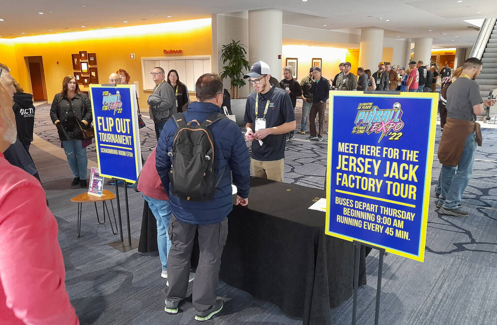 The line to register for the Jersey Jack Pinball factory tour