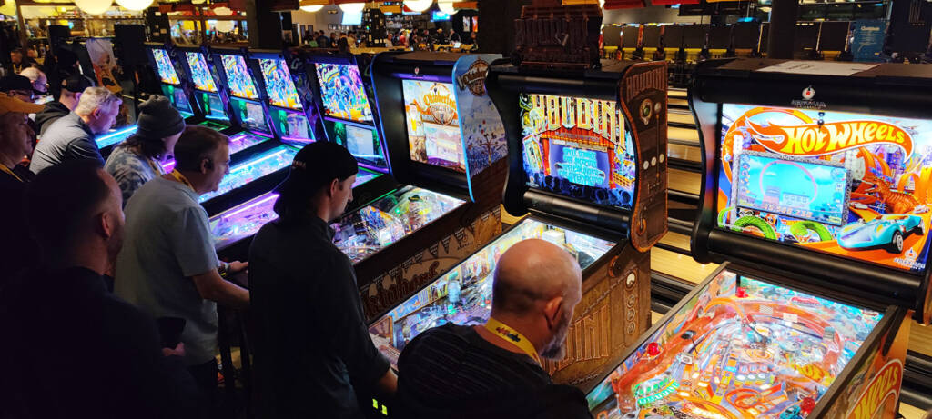 A bank of games on free play from American Pinball