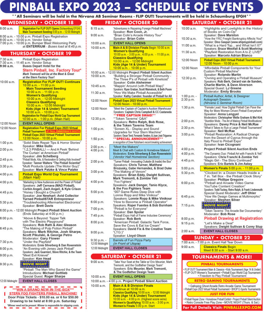 The schedule for Pinball Expo 2023