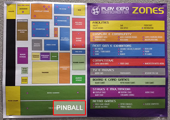 The show floor plan with the Pinball Zone highlighted