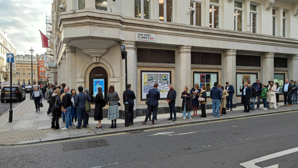 The queue for the James Bond event at Christie's