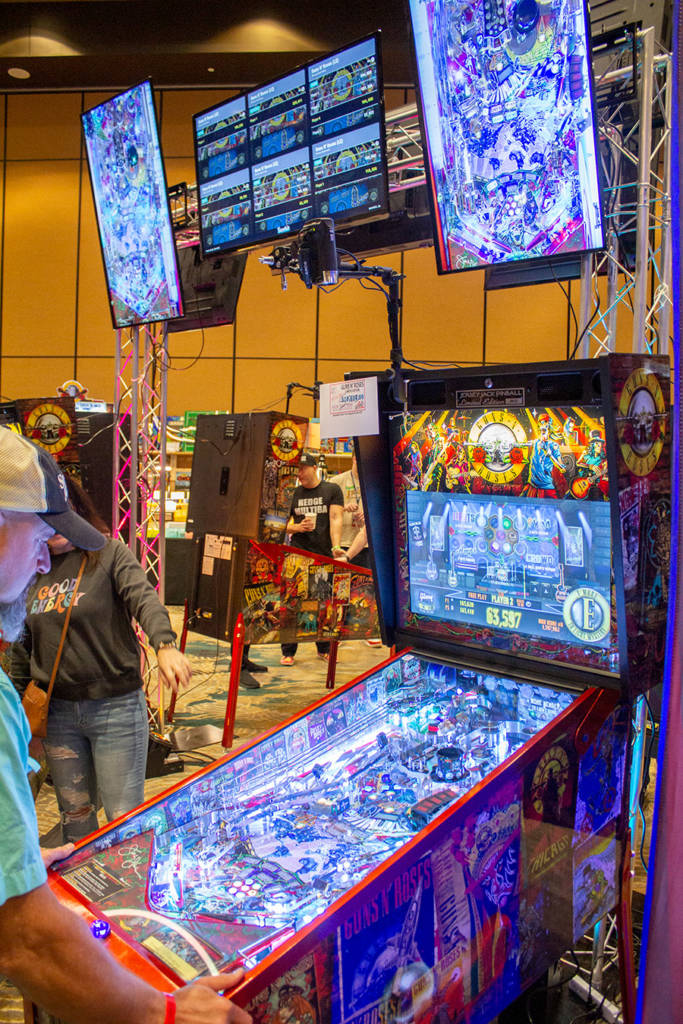 Jersey Jack Pinball had six of their Guns 'N Roses machines, all with overhead cameras and monitors