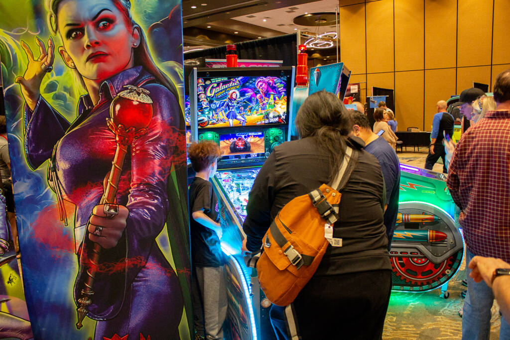 Two of the Galactic Tank Force games on the American Pinball stand