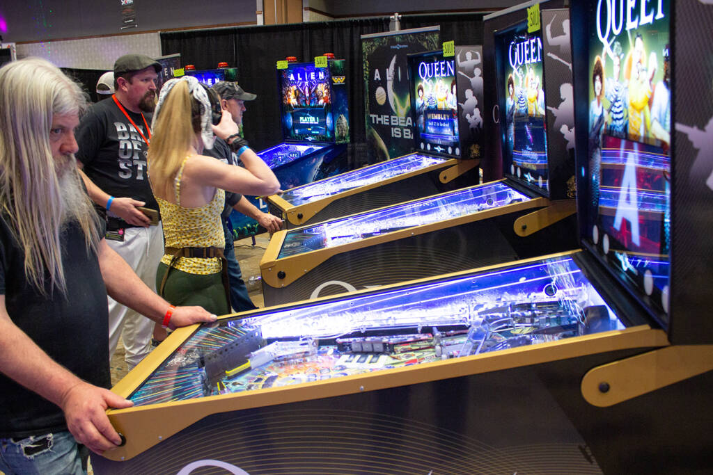 The three Queen and two Alien machines on the Pinball Brothers stand