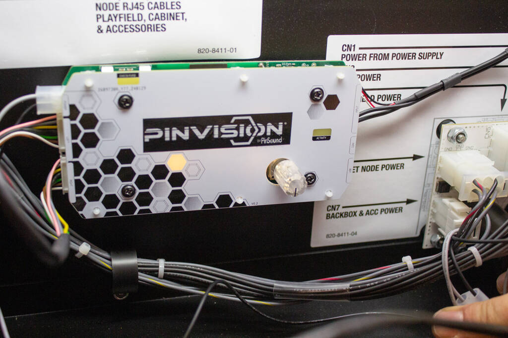 The PinVision speaker lights controller module which takes in audio and shaker motor signals to react to gameplay