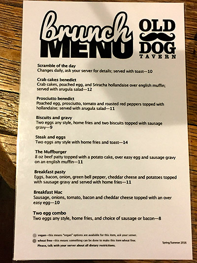 Page one of the food menu at the Old Dog Tavern
