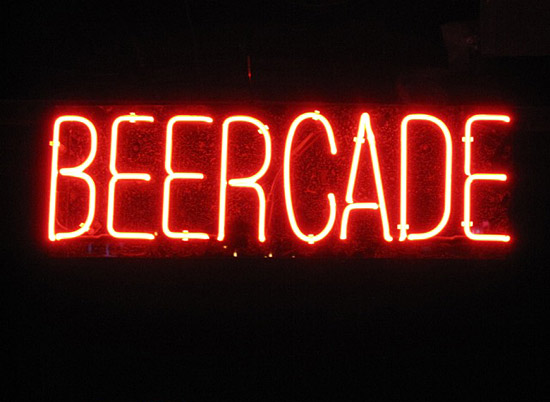 A large glowing neon sign on display