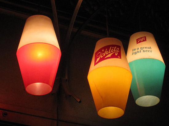 Some of the vintage beer lights on display