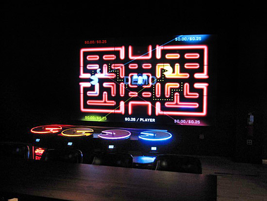 The Lost & Found Games Lounge features a large multi-player Pac-Man screen