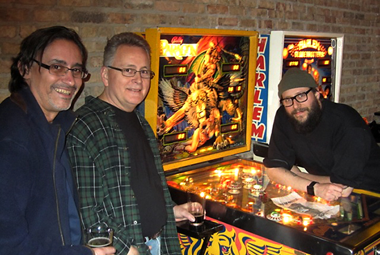 Stern's George Gomez and Greg Freres with Logan Arcade owner Jim Zespy