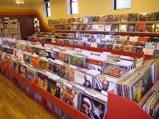 Bins of vinyl records for sale