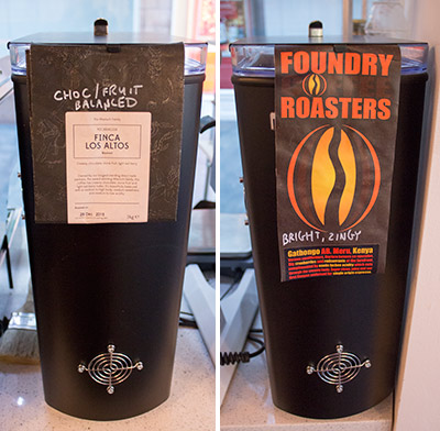 Two different coffees in the grinders